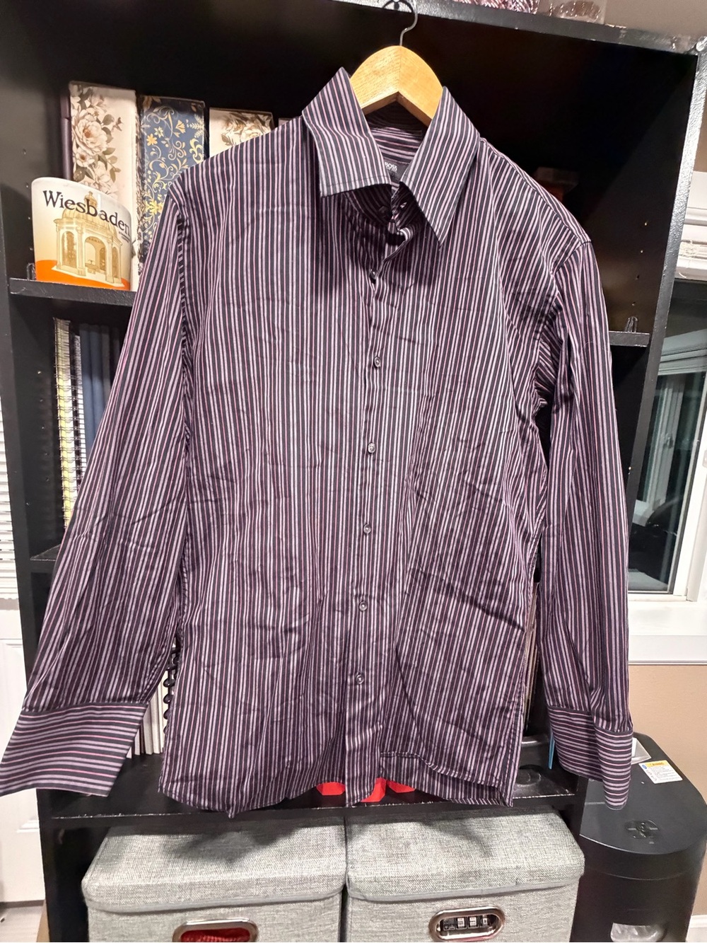 Boss Men's Black and Purple Thin-Stripe Dress Shirt